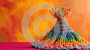 Crocheted vocano toy vibrant backdrop, handcrafted and adorable, Ai Generated