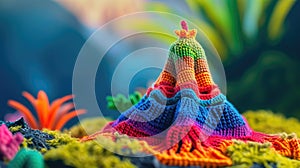 Crocheted vocano toy vibrant backdrop, handcrafted and adorable, Ai Generated