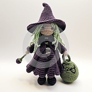 Crocheted Witch Doll With Green Hair And Basket - Goblin Academia Style