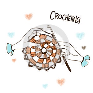 Crocheting. Hands knitting a napkin. Logo. Vector