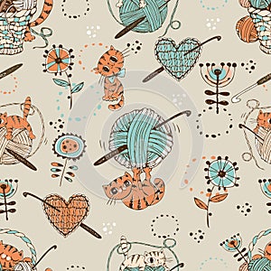 Crocheting. Seamless pattern with cute cats with balls of wool and knitting accessories. Vector