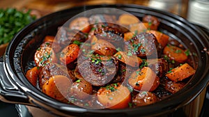 Crock Pot Filled With Carrots and Meat photo