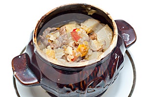 Crock pot full of beef and potato soup