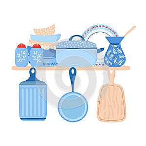 Crockery ceramic cookware. Blue porcelain dishes, pans and bowls vector illustration