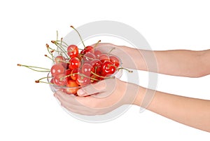 Crockery with cherries in woman hands