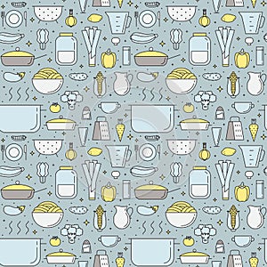 Crockery and cooking (food and dishes) multicolored seamless vector pattern