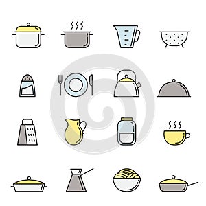 Crockery and cooking multicolored icon set. Clean and simple outline design.