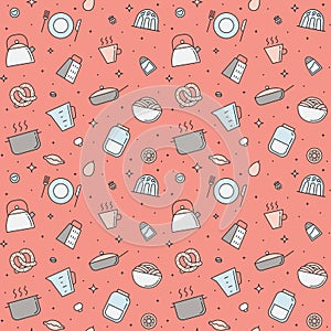 Crockery and cooking multicolored seamless vector pattern (pink). Clean and simple outline design.
