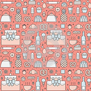 Crockery and cooking (sweets and pastries) seamless outline vector pattern