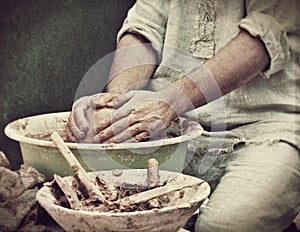 Crockery creation process in pottery on potters' wheel