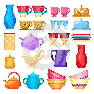 Crockery, kitchen dishware and porcelain icons set