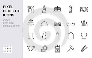 Crockery line icon set. Table setting - sugar bowl, salt shaker, fork, spoon, food sticks, ashtray minimal vector