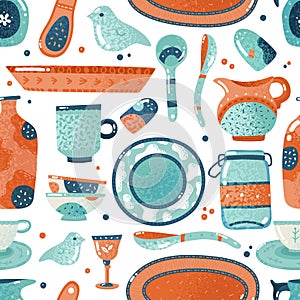 Crockery seamless pattern. Home watercolor kitchen and cooking tableware bowl dish ceramic cup pitcher background