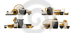 Crockery stack. Ceramic tableware and pottery. Kitchen dishes. Cookware with spoons and cups, decorative plates or bowls