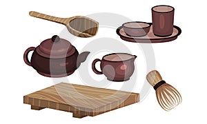Crockery For Tea Ceremony Vector Illustrated Set