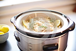 a crockpot with fermenting sauerkraut inside
