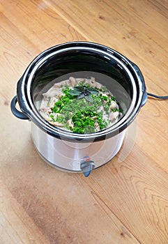 Crockpot slow cooker meal with chicken and fresh herbs photo