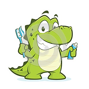 Crocodile or alligator holding toothbrush and toothpaste