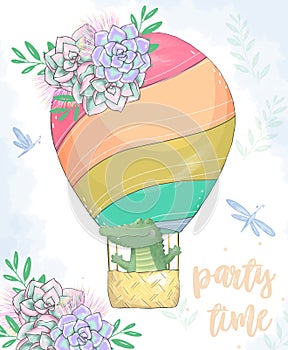 Crocodile in basket digital clip art cute animal and flowers and balloon. Flying Croc. Party Time text. Greeting Celebration Birth