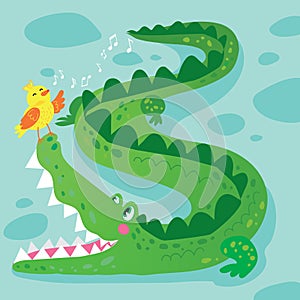 Crocodile and Bird Funny Kid Graphic Illustration