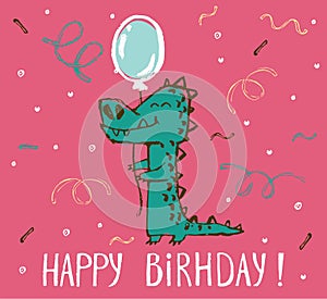 Crocodile birthday card cool design. Greeting post card template. Safari animal date of birth. Happy birthday