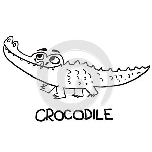 Crocodile black and white cartoon illustration