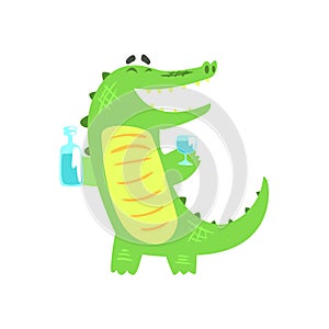 Crocodile WIth Bottle And Glass Having A Drink, Humanized Green Reptile Animal Character Every Day Activity