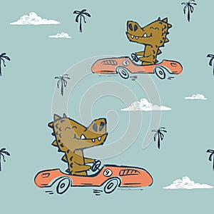 Crocodile on car funny cool summer t-shirt seamless pattern. Road trip vacation print design. Beach tropical travel