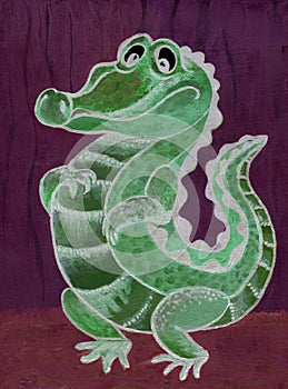 Crocodile, cartoon character. Figure with acrylic paints. Illustration for children. Handmade. Use printed materials, signs, objec
