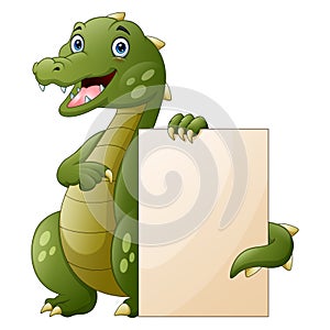 Crocodile cartoon holding a blank sign on white background