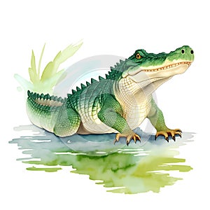 Crocodile in cartoon style. Cute Little Cartoon Crocodile isolated on white background. Watercolor drawing, hand-drawn Crocodile