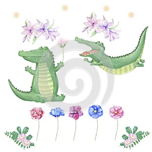 Crocodile digital clip art cute animal and flowers for card, posters,