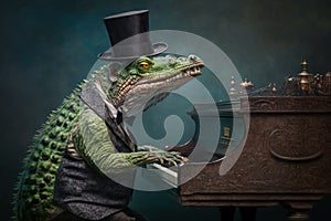 a crocodile dressed as a jazzman playing piano, c created with Generative AI technology