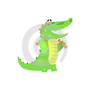 Crocodile With Dumbbells Exercising In Gym, Humanized Green Reptile Animal Character Every Day Activity