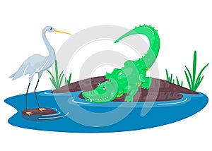 Crocodile hunting on the heron in the lake. Happy cute cartoon alligator and bird in the blue swamp pond. Green reptile