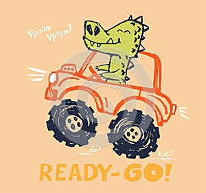 Crocodile monster, truck funny cool summer t-shirt print design. Racing car. Speed sport buggy