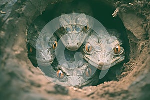 Crocodile offspring with predatory brown eyes sits in nest