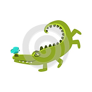 Crocodile Playing With Butterfly Sitting On Hos Nose, Cartoon Character And His Everyday Wild Animal Activity