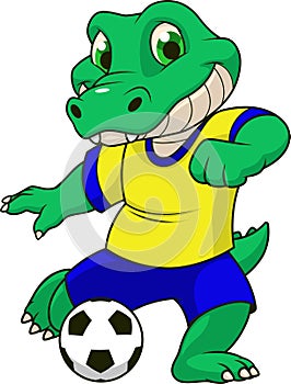 The crocodile plays football.