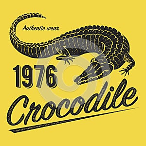 Crocodile poster, print for T-shirt. Alligator emblem or badge on yellow background. Reptiles or amphibians. Tropical