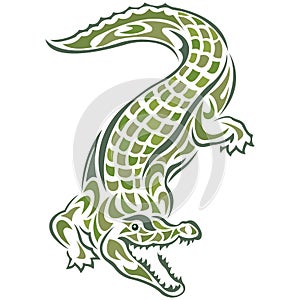 Crocodile silhouette drawn by various lines of green on a white isolated background. Tattoo, mascot logo - funny alligator