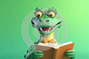 Crocodile Smiling Bookworm. Character Wearing Glasses And Reading A Book. Illustration Part Of Animals In Library Collection.