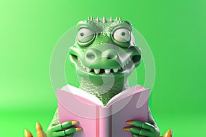 Crocodile Smiling Bookworm. Character Wearing Glasses And Reading A Book. Illustration Part Of Animals In Library Collection.
