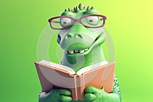 Crocodile Smiling Bookworm. Character Wearing Glasses And Reading A Book. Illustration Part Of Animals In Library Collection.