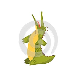 Crocodile standing with open mouth, funny predator cartoon character vector Illustration on a white background