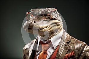 Crocodile with sunglasses wearing leather jacket and tie on solid background. Generative AI