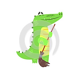 Crocodile Sweeping Floor With Broom, Humanized Green Reptile Animal Character Every Day Activity