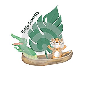Crocodile tiger in boat cute digital clip art cat with ribbons cute animal and flowers for card, posters, on white background