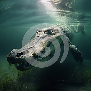 Crocodile underwater shooting, predatory reptile underwater close-up,