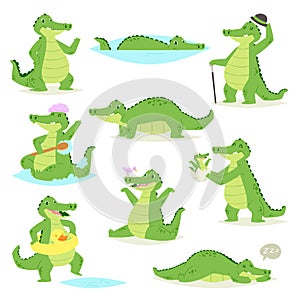 Crocodile vector crocodilian character of green alligator sleeping or playing illustration animalistic childish setof